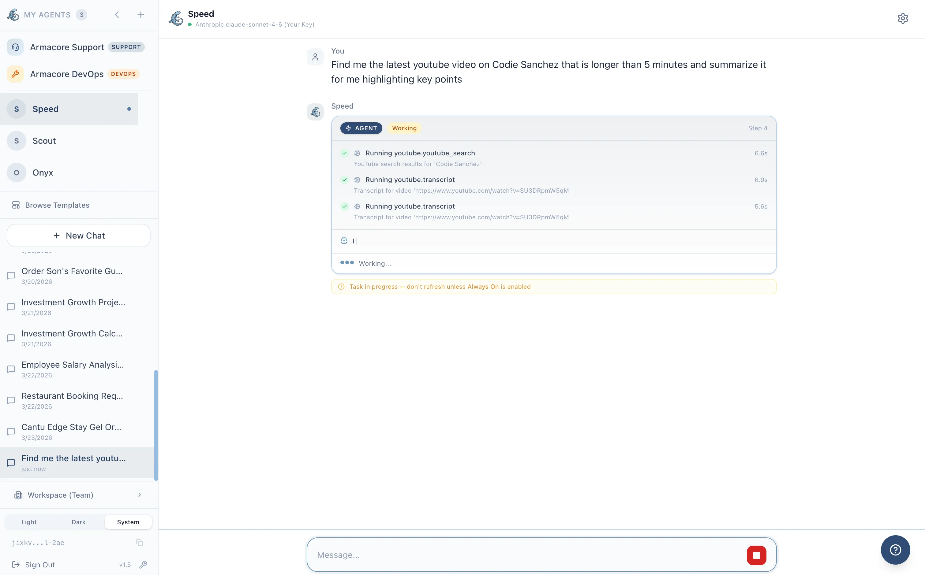 Armacore agent working — YouTube summary in progress
