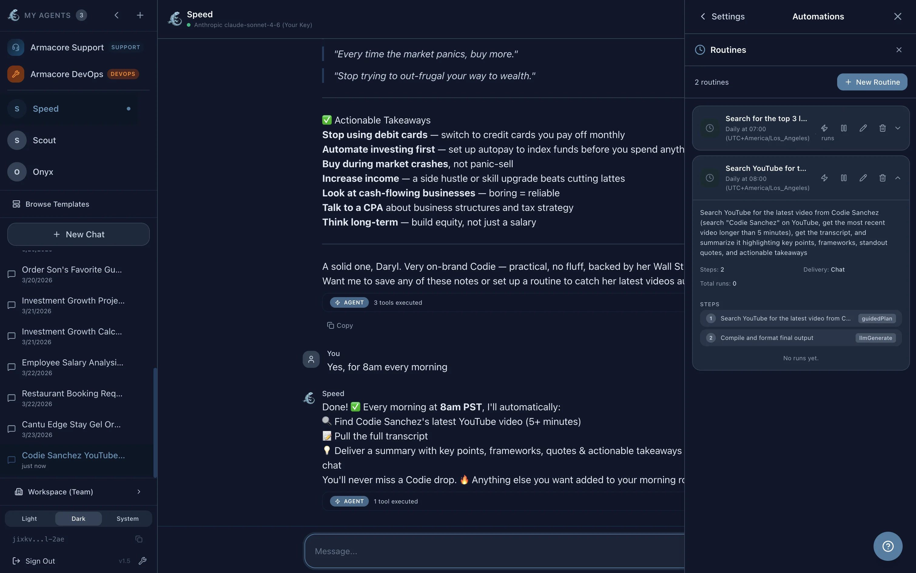 Armacore — setting up a YouTube summarization automation (dark)