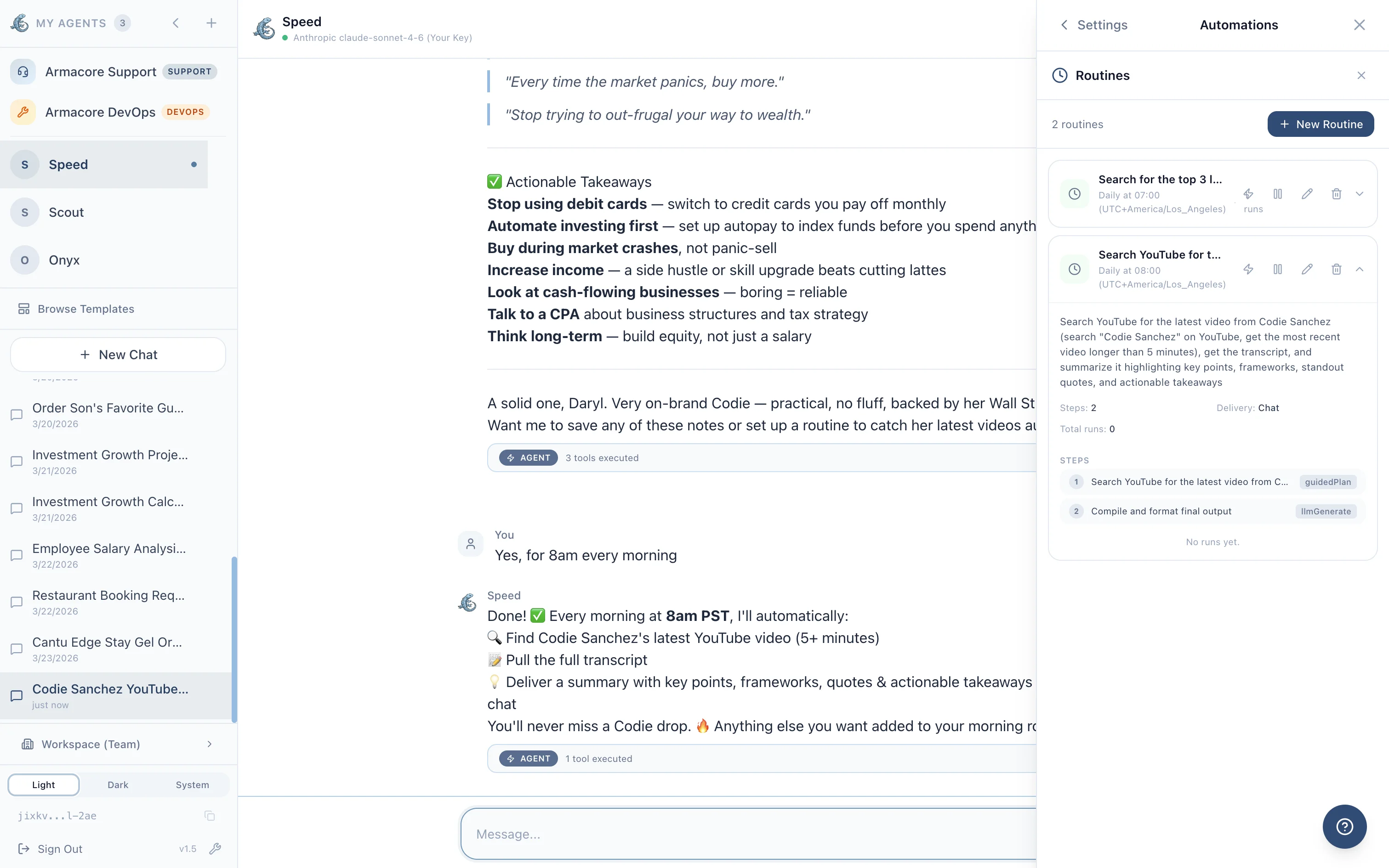 Armacore — setting up a YouTube summarization automation